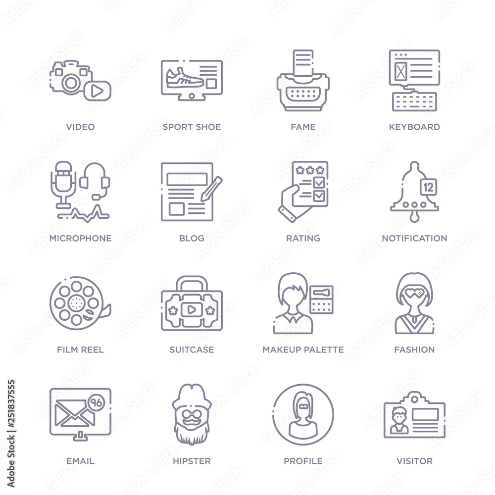 set of 16 thin linear icons such as visitor, profile, hipster, email, fashion, makeup palette, suitcase from blogger and influencer collection on white background, outline sign icons or symbols