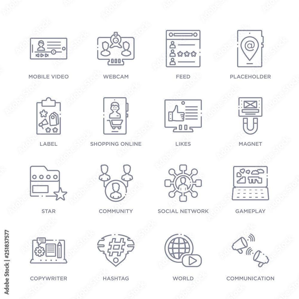 set of 16 thin linear icons such as communication, world, hashtag, copywriter, gameplay, social network, community from blogger and influencer collection on white background, outline sign icons or set of 16 thin linear icons such as communication, world, hashtag, copywriter, gameplay, social network, community from blogger and influencer collection on white background, outline sign icons or