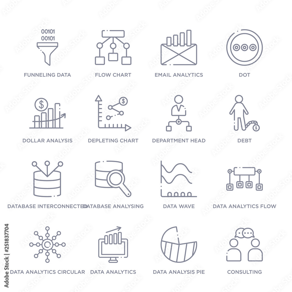 set of 16 thin linear icons such as consulting, data analysis pie chart, data analytics, data analytics circular, analytics flow, wave, database analysing from business and analytics collection on set of 16 thin linear icons such as consulting, data analysis pie chart, data analytics, data analytics circular, analytics flow, wave, database analysing from business and analytics collection on