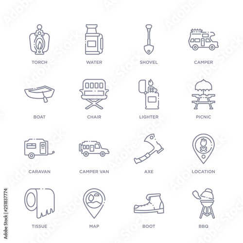 set of 16 thin linear icons such as bbq  boot  map  tissue  location  axe  camper van from camping collection on white background  outline sign icons or symbols