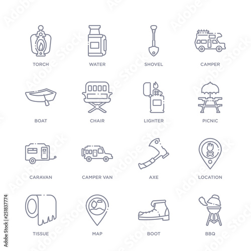 set of 16 thin linear icons such as bbq, boot, map, tissue, location, axe, camper van from camping collection on white background, outline sign icons or symbols