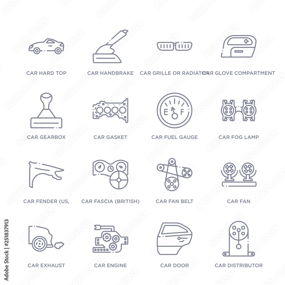 Vecteur Stock set of 16 thin linear icons such as car distributor cap