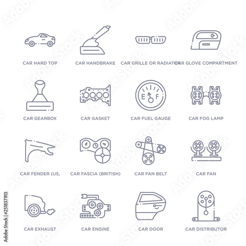 set of 16 thin linear icons such as car distributor cap, car door, car engine, exhaust, fan, fan belt, fascia (british) from parts collection on white background, outline sign icons or symbols