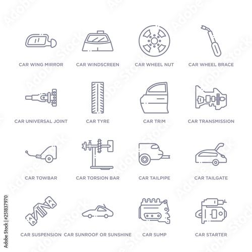 set of 16 thin linear icons such as car starter, car sump, car sunroof or sunshine roof, suspension, tailgate, tailpipe, torsion bar from parts collection on white background, outline sign icons or