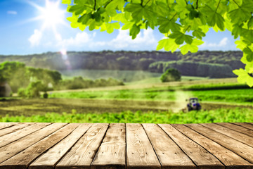 desk of free space and farm background. 