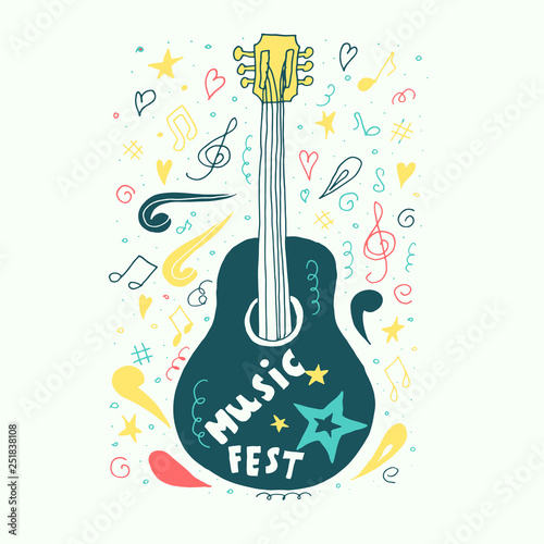 Acoustic guitar in hand drawn style. Vector illustration for music festival, T-shirt, clothes.