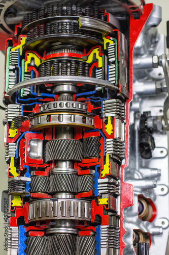 The gearbox of the car in a section with a view of all gears.