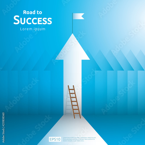Business concept of achievement success with climbing stair and goal flag on top. Finance successful vision target. growth rising up arrow. flat style illustration of leadership and talent employer
