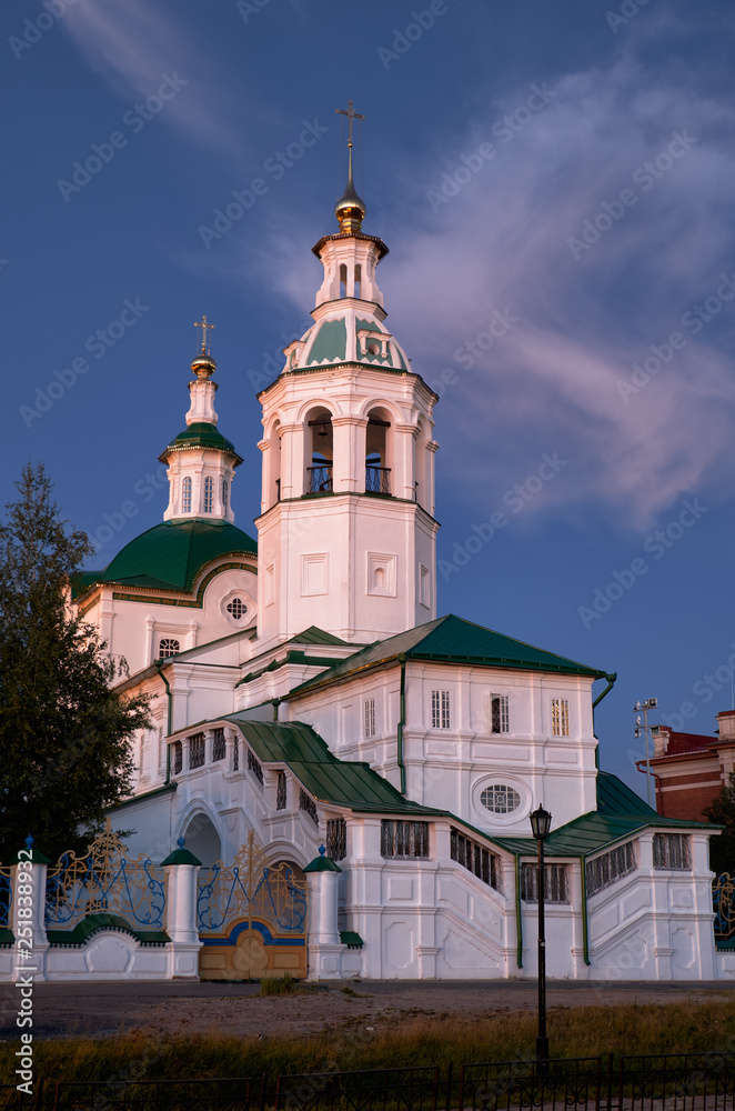 Church of St. Michael the Archangel in the sunset light. Tobolsk. Russia