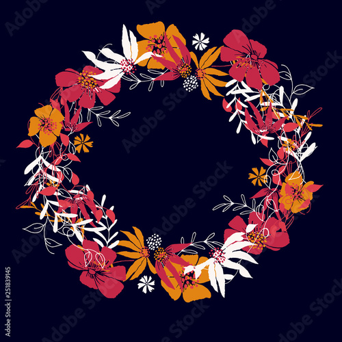Circle floral frame with leaves and flowers. Vector frame, template for design