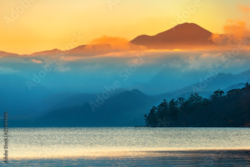 beautiful landscape with lake Chuzenji (Chuzenjiko) near Nikko in Japan, nature background photo