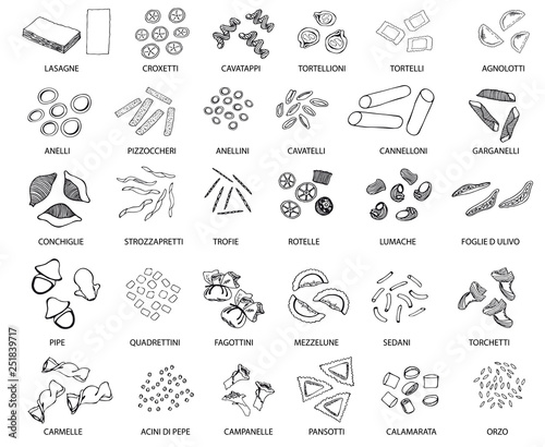 Hand drawn large set of different types of Italian pasta. Vector linear illustration.