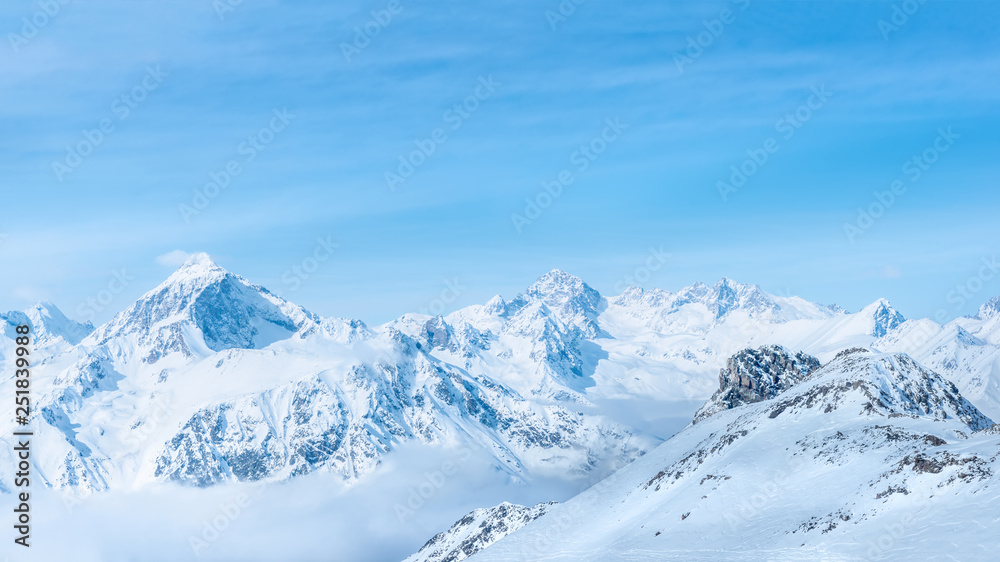 beautiful panorama winter landscape of mountain Dombaj, Russia, copy space