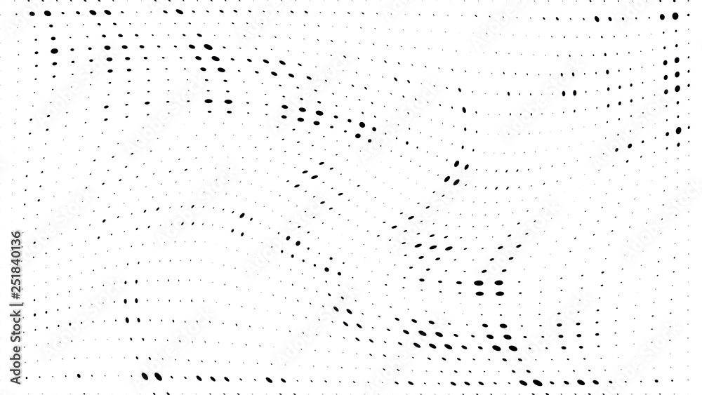 Halftone gradient pattern. Abstract halftone dots background. Monochrome dots pattern. Grunge texture. Pop Art, Comic small dots. Wave twisted dots. Design for presentation, report, flyer, cover, card