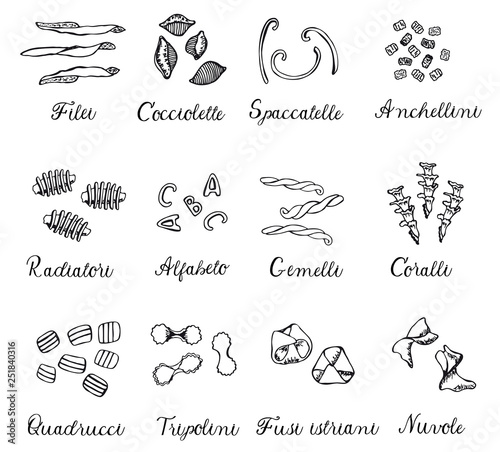 Hand drawn large set of different types of Italian pasta. Vector linear illustration.