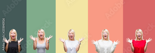 Collage of beautiful blonde woman over vintage isolated background celebrating crazy and amazed for success with arms raised and open eyes screaming excited. Winner concept