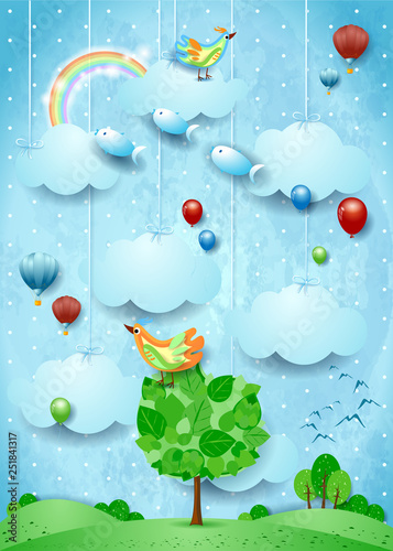 Surreal landscape with big tree, birds, balloons and flying fisches