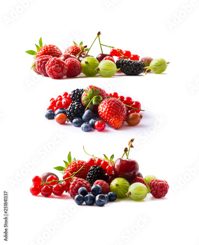 Set of fresh fruits and berries isolated. Ripe currants  raspberries  cherries  strawberries  gooseberries  mulberries and bilberries. Background of mix fruits with copy space for text. 