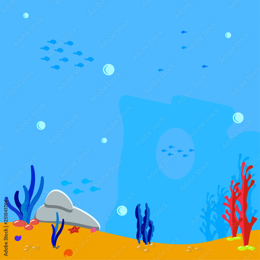 Ocean scene. Underwater background. Bubbles water and silhouette seaweed, algae and coral. Blue silhouette fish. Vector illustration marine background.