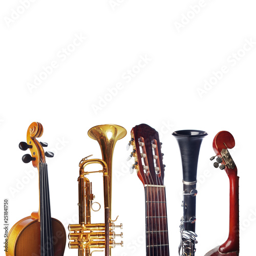 Photography Music poster. Musical instruments on white. Isolated on white.
