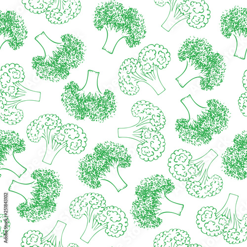 Hand drawn seamless pattern with green broccoli line icon. Endless texture with vegetable brocoli sketch style. Simple vegetarian super food sign. Vector illustration