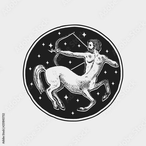 Sagittarius Zodiac icon. Astrology horoscope with sign. Calendar template. Collection outline animals. Classic vintage style. Engraved hand drawn sketch.