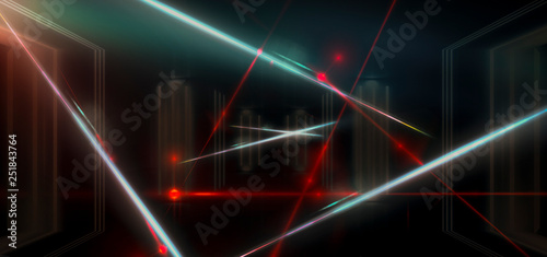 Dark room, a tunnel, a corridor with rays of light and a red laser beam of red color, smoke, smog, dust. Abstract dark background with light effect, neon. 