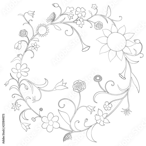 Coloring Page with Flowers and Leaves.