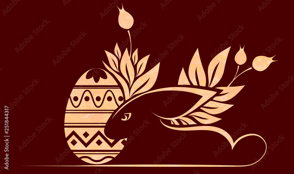 Ruffled rabbit silhouette beige shade with eggs, leaves, Ruffled rabbit silhouette beige shade with eggs, leaves,