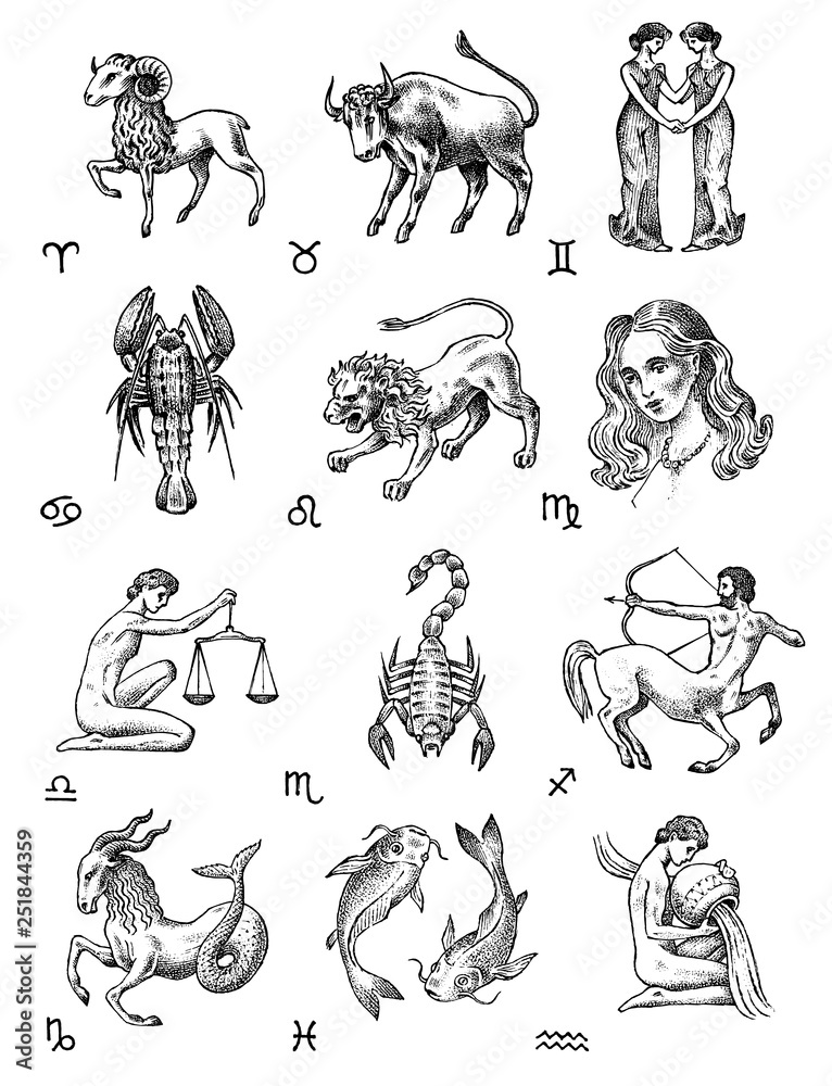 Zodiac icons. Astrology horoscope with signs. Calendar template ...