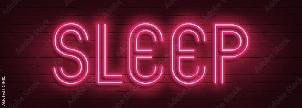 Vintage Glow Signboard with Sleep Inscription. Shiny Neon Light Style Lettering. Inscription on Red Brick Wall. 3D Rendering