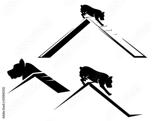 pet dog running the agility sport obstacle - black and white vector design set
