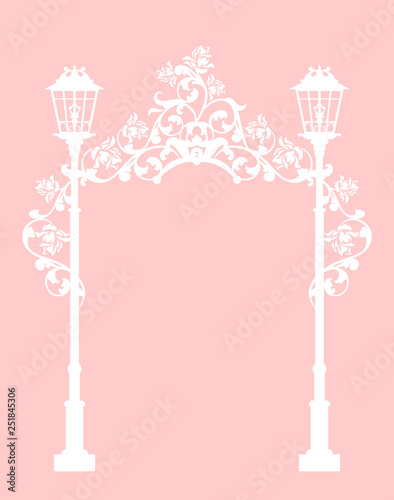 streetlights among rose flowers making a floral arch passage - wedding invitation white silhouette vector design