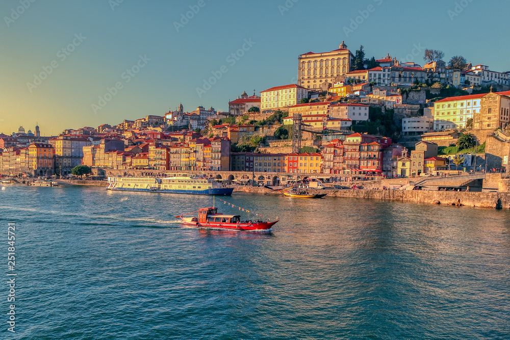 View of the Porto and ship on the Douro River, Portugal