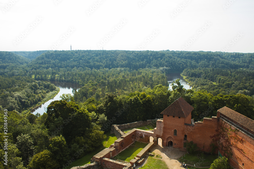 View from the lookout of the medieval Turaida Castle in Sigulda during a clear autumn day with view of Gauja river (Riga area, Latvia, Europe)