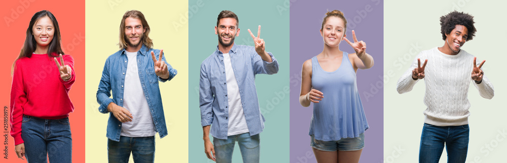 Composition of african american, hispanic and chinese group of people over vintage color background smiling looking to the camera showing fingers doing victory sign. Number two. Composition of african american, hispanic and chinese group of people over vintage color background smiling looking to the camera showing fingers doing victory sign. Number two.