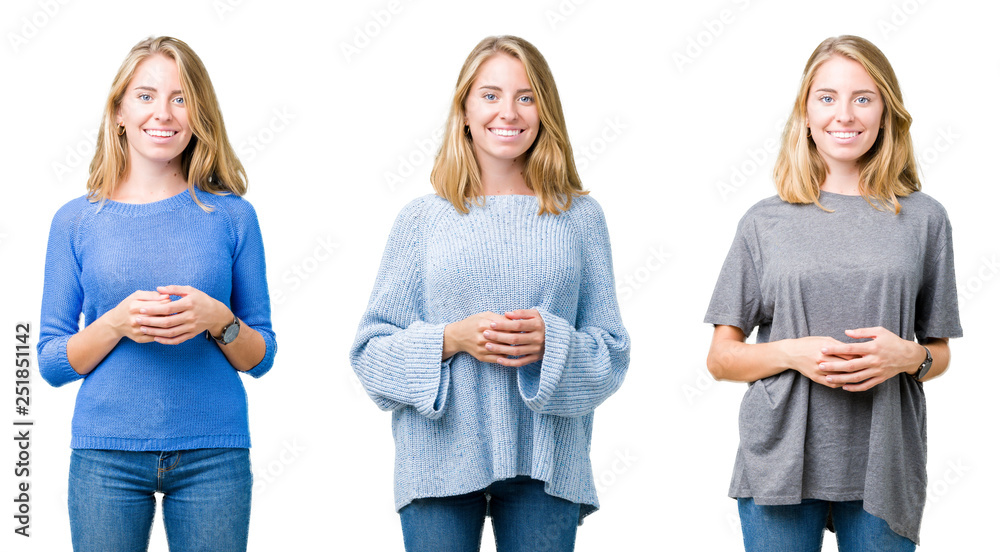 Obraz premium Collage of beautiful blonde woman over white isolated background Hands together and fingers crossed smiling relaxed and cheerful. Success and optimistic
