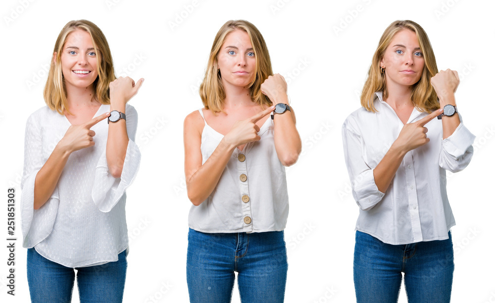 Collage of beautiful blonde woman over white isolated background In hurry pointing to watch time, impatience, upset and angry for deadline delay Collage of beautiful blonde woman over white isolated background In hurry pointing to watch time, impatience, upset and angry for deadline delay