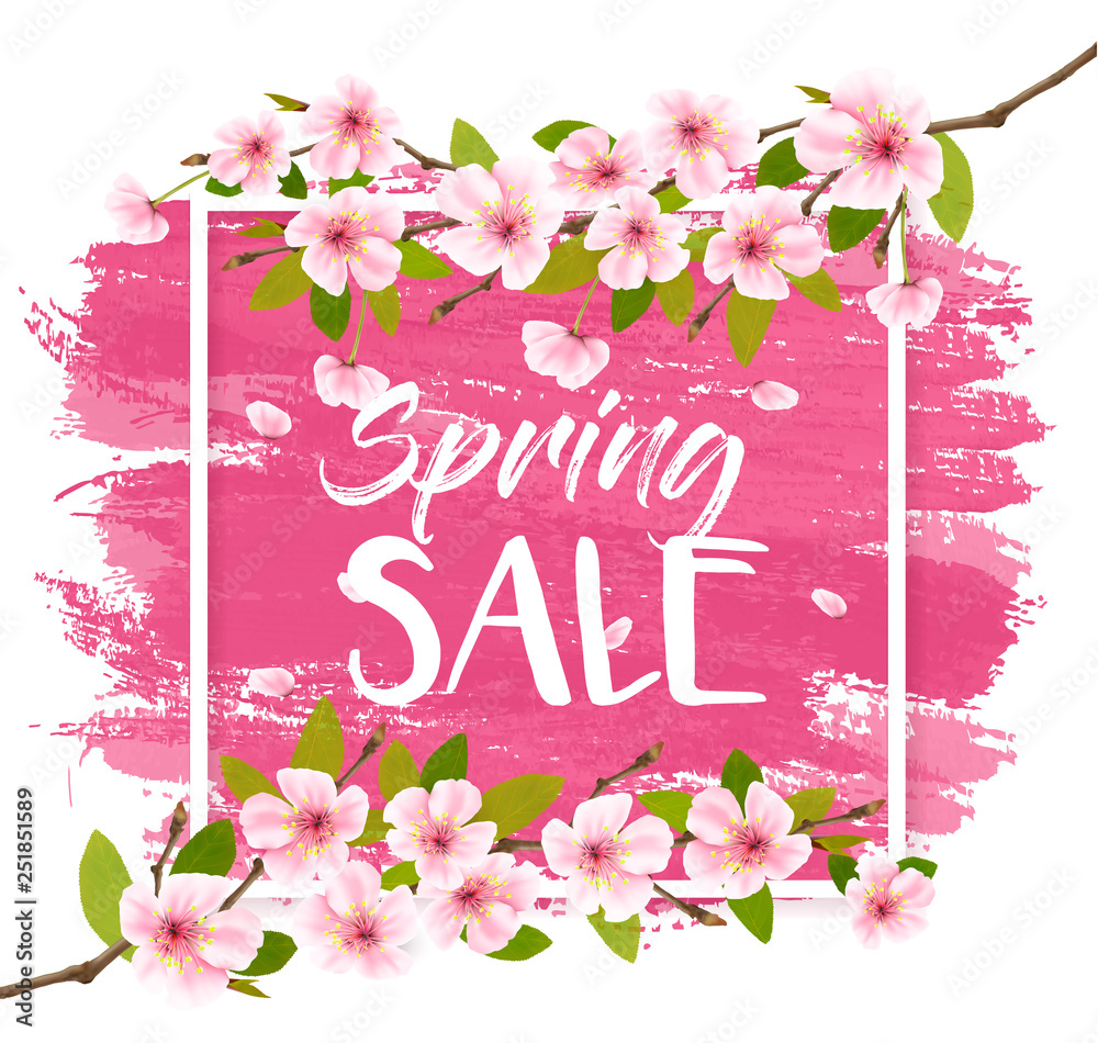 Spring sale background with pink blooming sakura. Vector