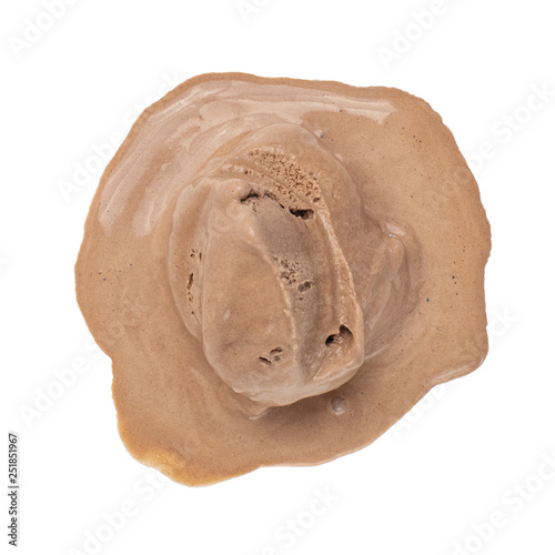Melting chocolate ice cream isolated on white background. Top view