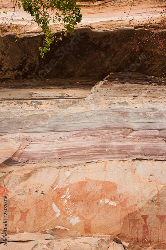 Ancient paintings on sandstone cliff, 3,000 year-old. Scene in paintings include giant Mekong catfish, elephants, turtles, rice farming, human figures, hands and geometric designs. Pha Taem, Thailand.