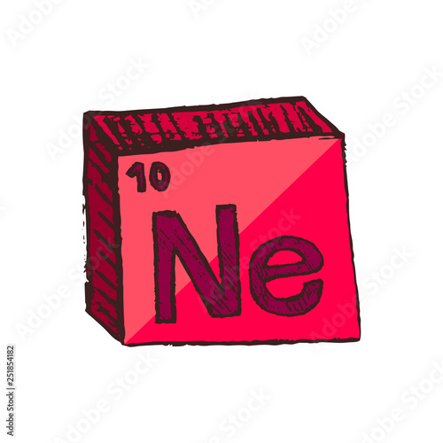 Vector three-dimensional hand drawn chemical bright red symbol of noble gas neon or neonium with an abbreviation Ne from the periodic table of the elements isolated on a white background. photo