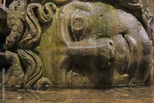 Medusa head in the Basilica Cisterna in Istanbul, Turkey.