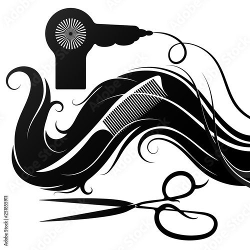 Curls of hair with a hairdryer, scissors and a comb for a beauty salon