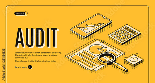 Financial audit online service isometric vector web banner, landing page. Business documents with statistics infographics, stock exchange fluctuation on smartphone screen and calculator illustration