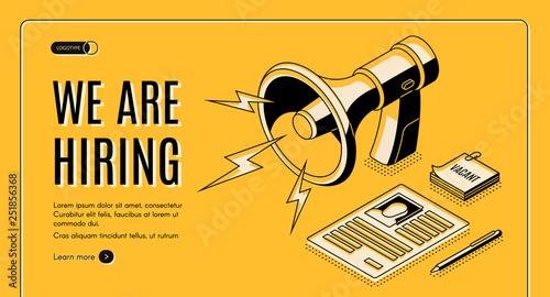 Hiring agency isometric vector web banner with job applicant, vacancy candidate resume page, loudspeaker line art illustration. Human resources, recruiting company online service landing page template
