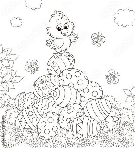 Little Easter Chick on a pile of colorfully decorated eggs on a sunny spring day, black and white vector illustration in a cartoon style for a coloring book