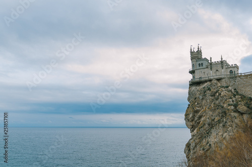 Castle Swallow s Nest on a rock at Black Sea  Crimea  Russia. It is a symbol and tourist attraction of Crimea. Scenic panoramic view of the Crimea southern coast. Architecture and nature of Crimea.