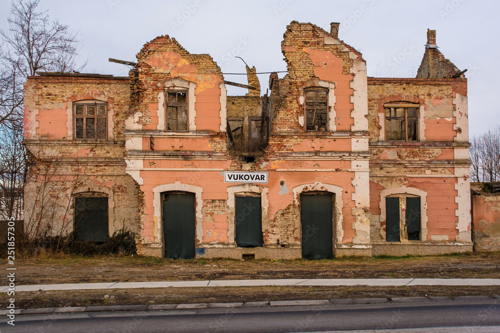 The old train station outside of Vukovar, Vukovar-Srijem Country, Slavonia, eastern Croatia. The building was severely damaged buring the Balkans War