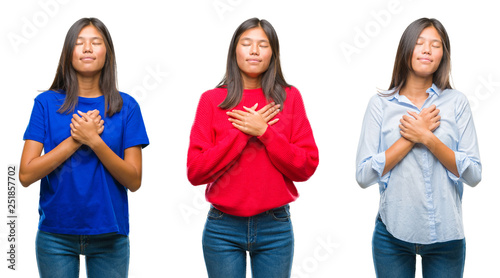 Collage of asian young woman standing over white isolated background smiling with hands on chest with closed eyes and grateful gesture on face. Health concept.